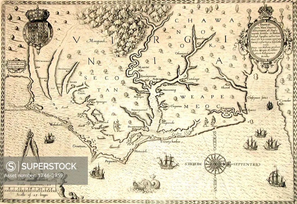 Map of 1590 engraved by Theodore de Bry after watercolour by the English colonist John White, governor of Roanoke. Virginia  and coast with small islands and Roanoke at mouth of river. Secotan and Weapemeoc native lands.