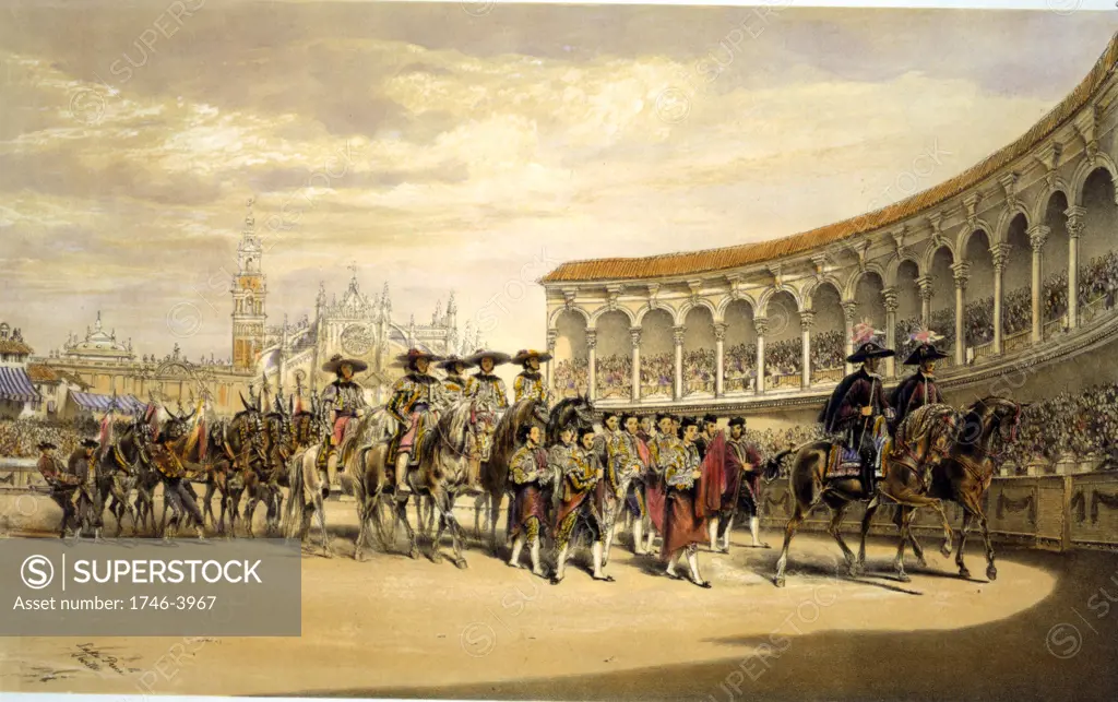 Entry of the toreros in procession.  Lake Price (c1810-1896) English artist. Bullfighters processing in the stadium at Seville, Spain. Corrida Matador Tradition Costume Blood Sport Spectacle