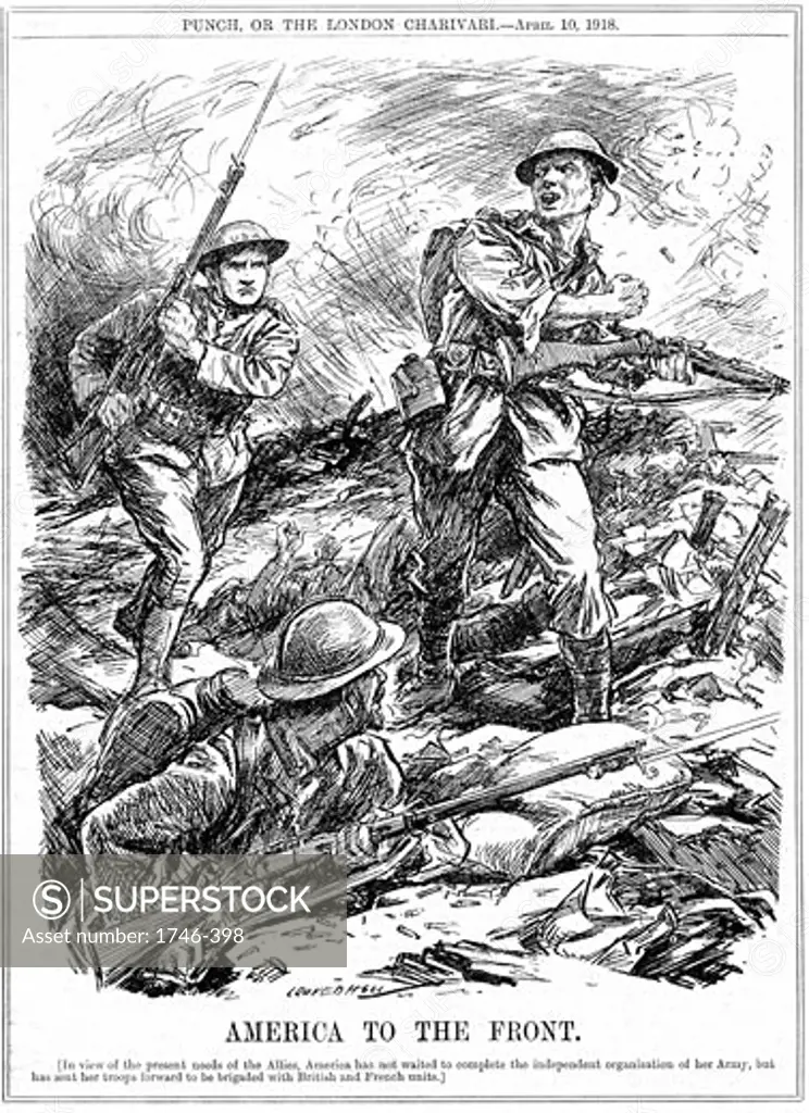 World War I: Cartoon by L. Ravenhill from "Punch", London, 10 April, 1918, when America sent men to reinforce the Allied troops before the main US Army arrived. Engraving