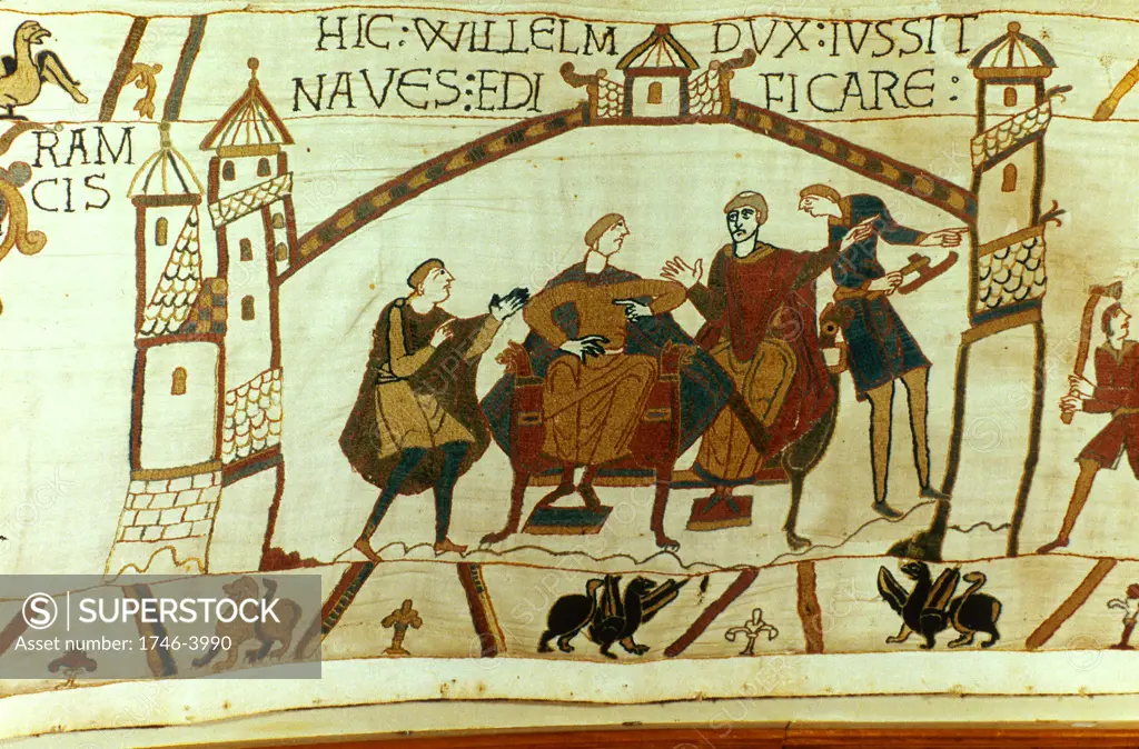 Bayeux Tapestry 1067. William of Normandy (William the Conqueror) told of the death of Edward the Confessor and the crowning of Harold II as king of England.  Sitting on right is William's half-brother Bishop Odo of Bayeux. Textile