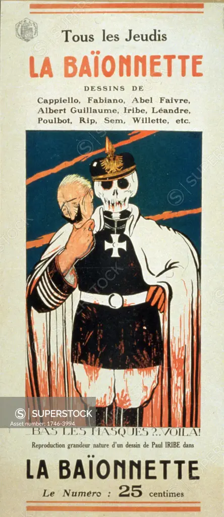 La Baionnette' Every Thursday. Periodical mainly for French frontline soldiers in World War I. Skelton in German uniform showing what is  behind the Kaiser's mask. Illustration by Paul Iribe (1883-1935) French artist and designer.