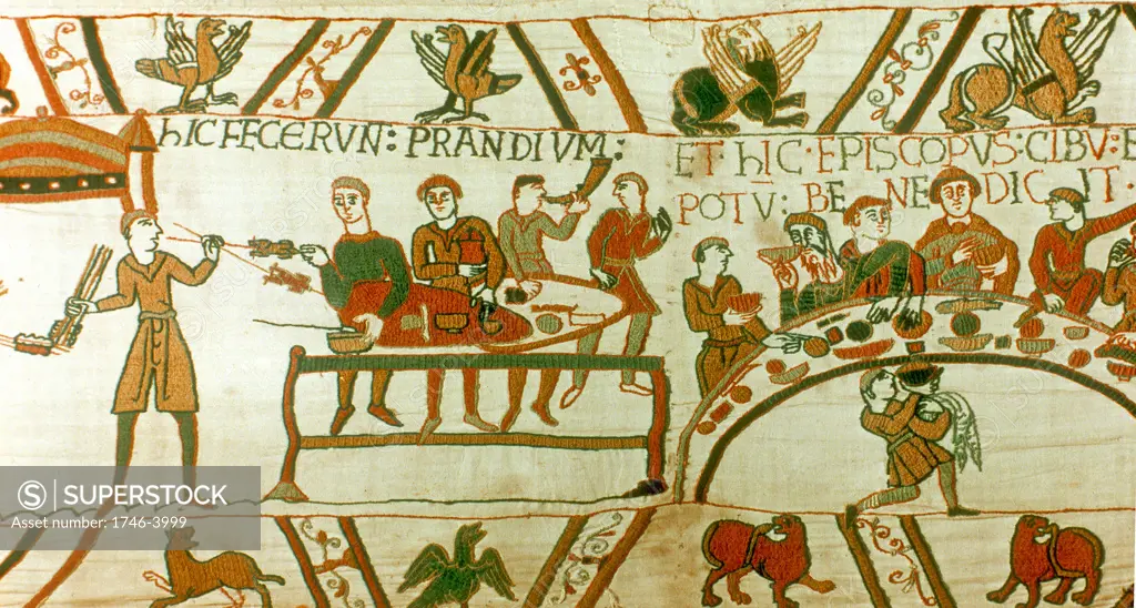 Bayeux Tapestry 1067.  William of Normandy (William I of England) at an open-air feast with his nobles and his half-brother Bishop Odo of Bayeux who is saying grace. Textile Linen Food Drink Cooking Spit