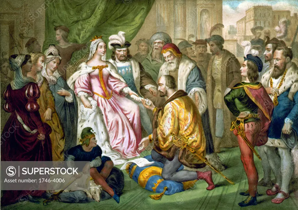 Christopher Columbus (1451-1506) Genoese navigator and explorer kneeling before his patrons, Isabella of Castile and Ferdinand II of Aragon. French illustration c1850.