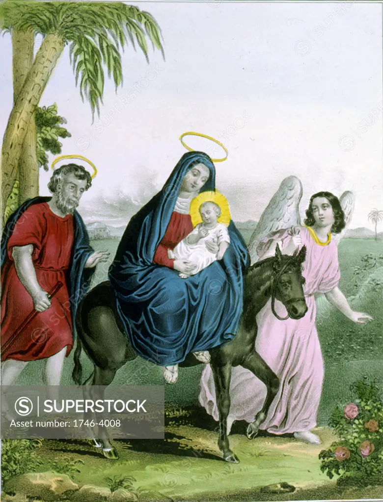 The Flight into Egypt' hand-coloured lithograph by James S Baillie (active 1838-1855). Angel leads Mary carrying the infant Jesus on a donkey, with Joseph following behind. Religion Christian