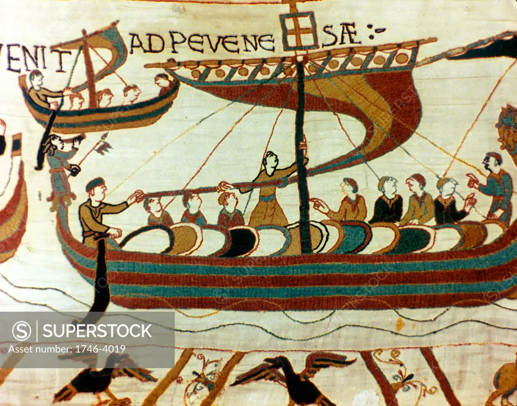 Bayeux Tapestry 1067:   A boat of  William the Conqueror's fleet carrying soldiers with their shields, arriving at Pevensey on the English coast. Invasion Textile Linen