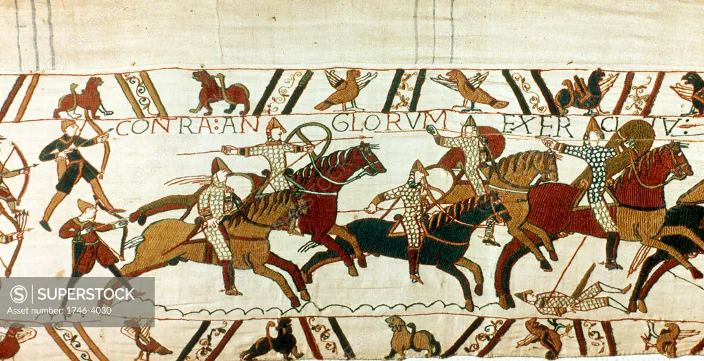 Bayeux Tapestry 1067:  Battle of Hastings, 14 October 1066. Norman cavalry with spears and shields, backed up by archers, charging towards English. Norman Invasion Anglo-Saxon Textile Linen