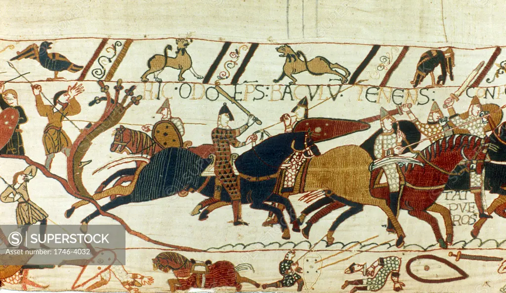Bayeux Tapestry 1067:  Battle of Hastings, 14 October 1066.  Norman cavalry with spears and swords, attacking the English. Riderless horse and casualties in bottom border.  Textile Linen