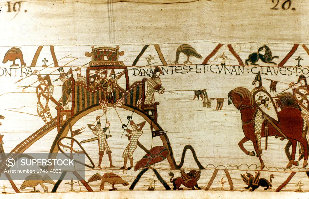 Bayeux Tapestry 1067:  Conan of Brittany under attack at Dinan, hands keys of fortress to William of Normandy. William honoured Harold, Earl of Wessex, for his assistance, thus making him Harold's overlord, 1064. Textile Linen