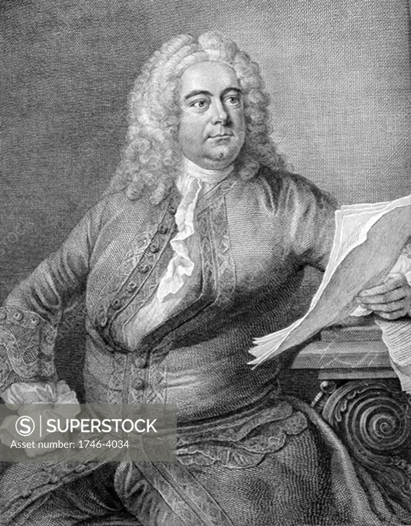 George Frederic Handel (1685-1759) German-born English Baroque composer.  Portrait engraving from Thomas Arne's edition of Handel's works. Music Musician