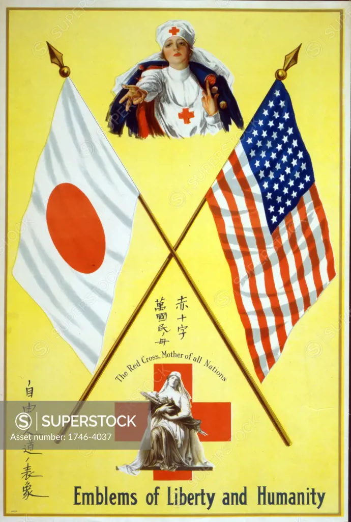 Emblems of Liberty and Humanity: The Red Cross, Mother of All Nations. Red Cross nurses between the flags of United States and Japan. World War I 1914-1918 Red Cross poster.  NGO