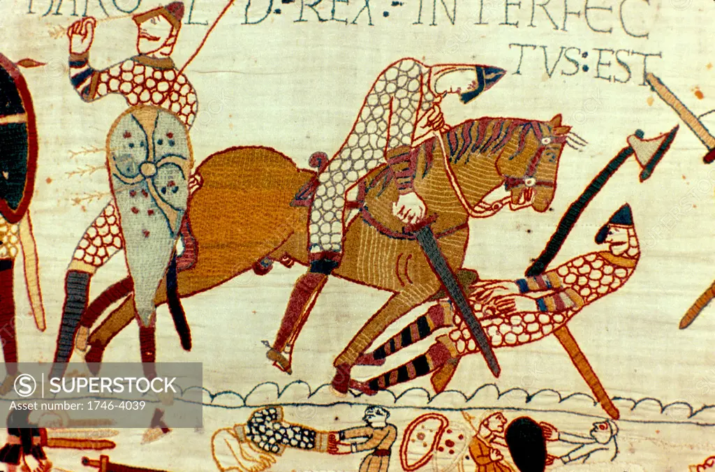 Bayeux Tapestry 1067: Battle of Hastings, 14 October 1066. The death of Harold II, last Anglo-Saxon king of England. Left, figure pulling arrow from eye and then being cut down by Norman knight. Armour Chain Mail Sword Axe Textile