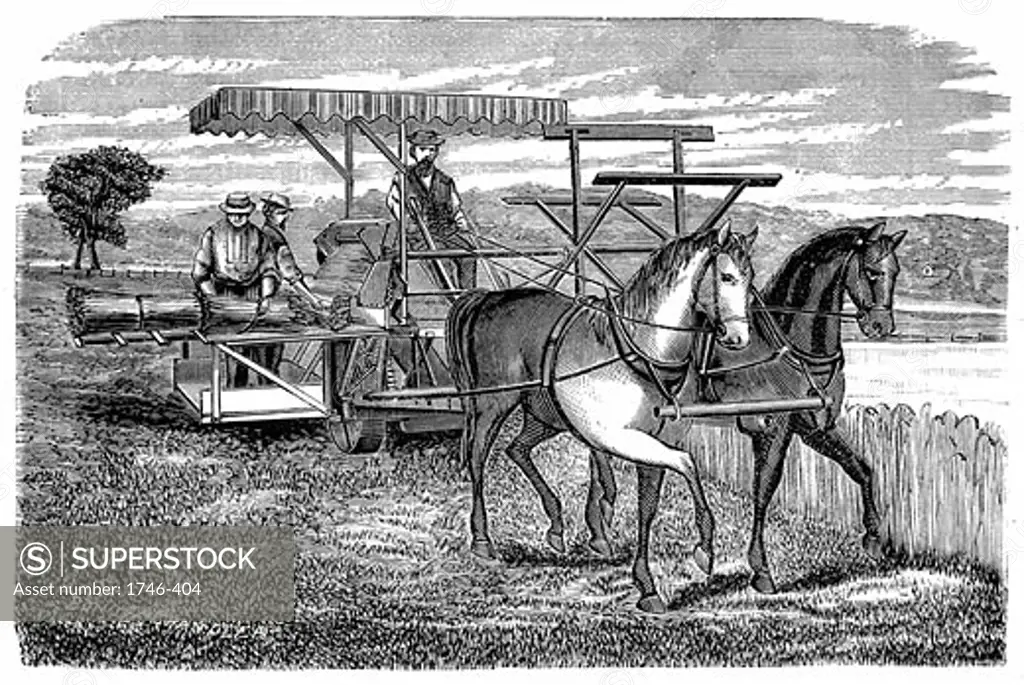 Cyrus McCormick reaper and binder, an improvement on the model patented in 1831 which was a reaper only. Wood engraving 1877.