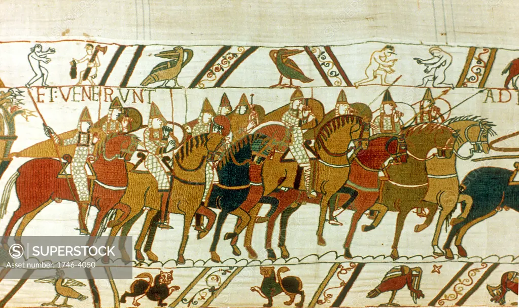 Bayeux Tapestry 1667: William the Conqueror's Norman cavalry setting out to meet Harold II's English forces, Battle of Hastings, 14 October 1066. Textile Linen