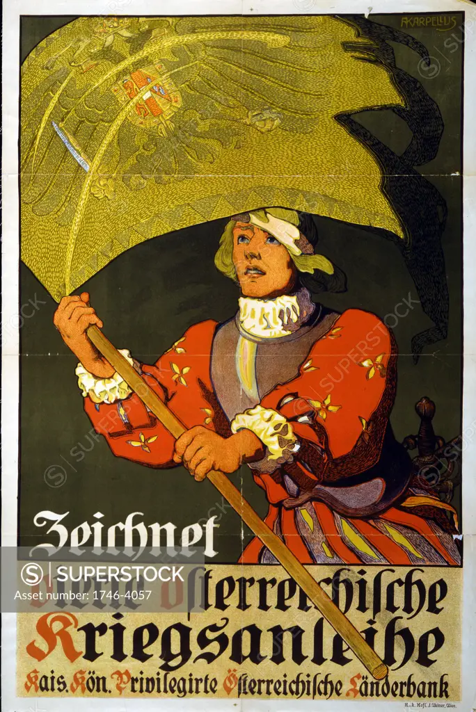 World War I 1914-1918: 'Subscribe to the 4th Austrian War Loan' Austrian poster of 1916 showing 16th century soldier carrying a standard emblazoned with the Austro-Hungarian double-headed eagle.