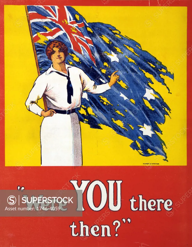 World War I 1914-1918:  'Were YOU there then' Poster, 1916.  Woman stands in front of tattered  Australian flag asking the question. Battle of Fromelles, Western Front, France, 19-20 July 1915, Australia suffered 5,533 casualties.