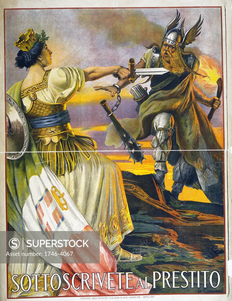 World War I - the Italian Campaign 1915-1918:  1917 Italian poster appealing  for contributions to war loan to repel  the Austro-Hungarian and German alliance. Allegorical figure of Italy with broadsword confronting a Barbarian.