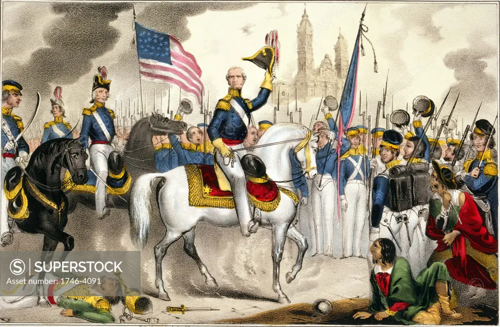 Mexican-American War 1846-1848:  General Winfield Scott, commander of the US Army of the North, making a triumphal entry into Mexico City on a white charger, 14 September 1847.  Print c1848. Flag Stars-and-Stripes Mexico