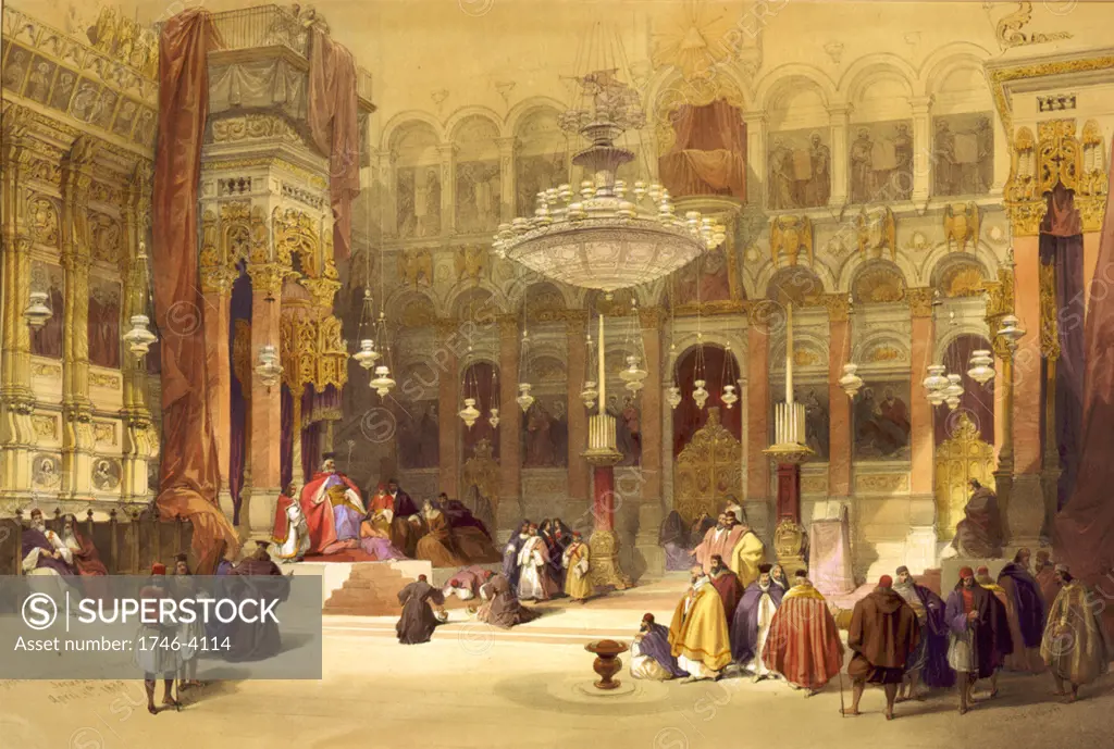 Greek Church of the Holy Sepulchre, Jerusalem, April 11th 1839.   Lithograph, 1842, after  by David Roberts (1796-1864) Scottish painter. Seat of the Greek Orthodox Patriarch of Jerusalem. Orientalist Palestine Religion Christian