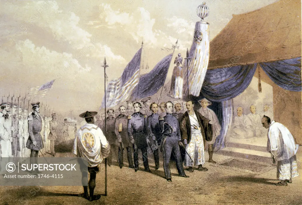 Opening up of Japan. US Navy Commodore Matthew Perry (1794-1858) meeting with the Imperial Commissioners at  Yokohama. Perry signed Convention of Kanagawa on 31 March 1854. Lithograph 1856. Trade Commerce America