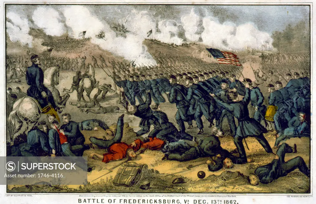 American Civil War 1861-1865: Battle of Fredericksburg, Virginia, 11-15 December 1862. Union Army of the Potomac under  Burnside attacking. Confederate victory under Robert E Lee.  Currier & Ives.  Infantry Artillery Rifle Bayonet