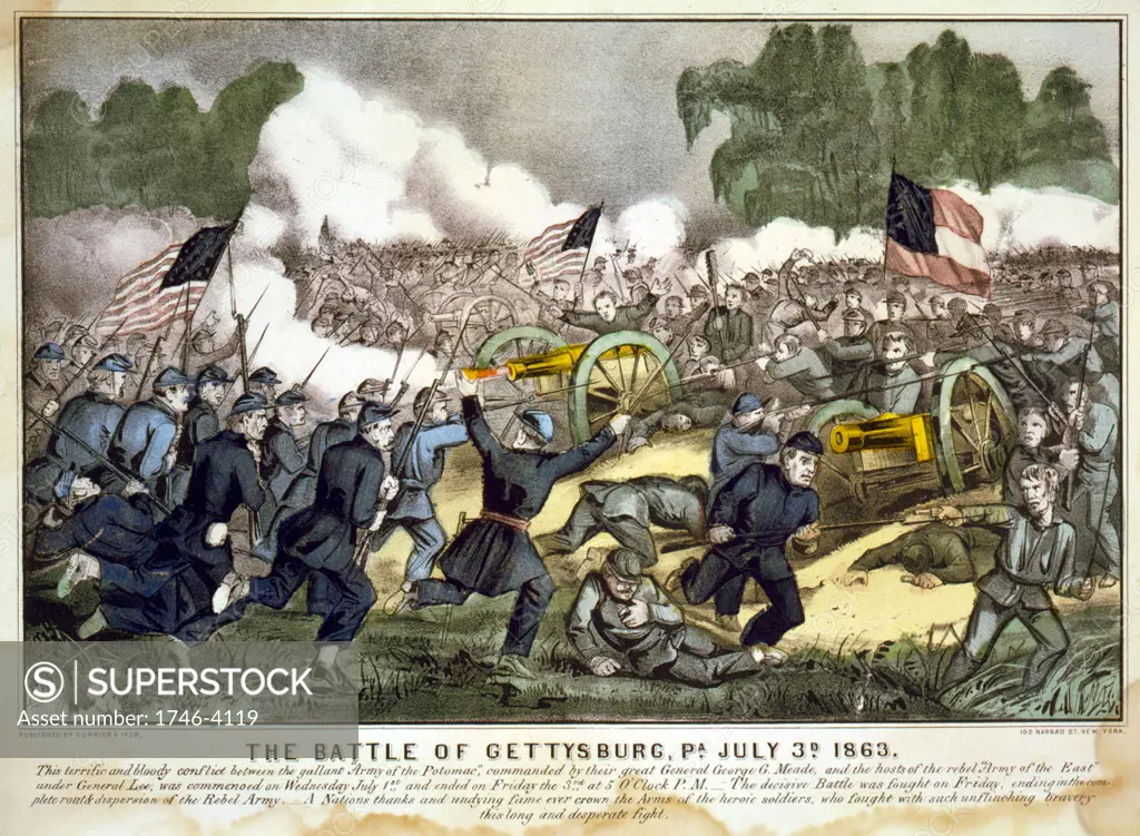 American Civil War 1861-1865: Battle of Gettysburg 1-3 July 1863 which ended Lee's invasion of the North.   Union troops, bayonets fixed, charging Confederate guns. Heaviest casualties than in any other in the war.   Field Artillery