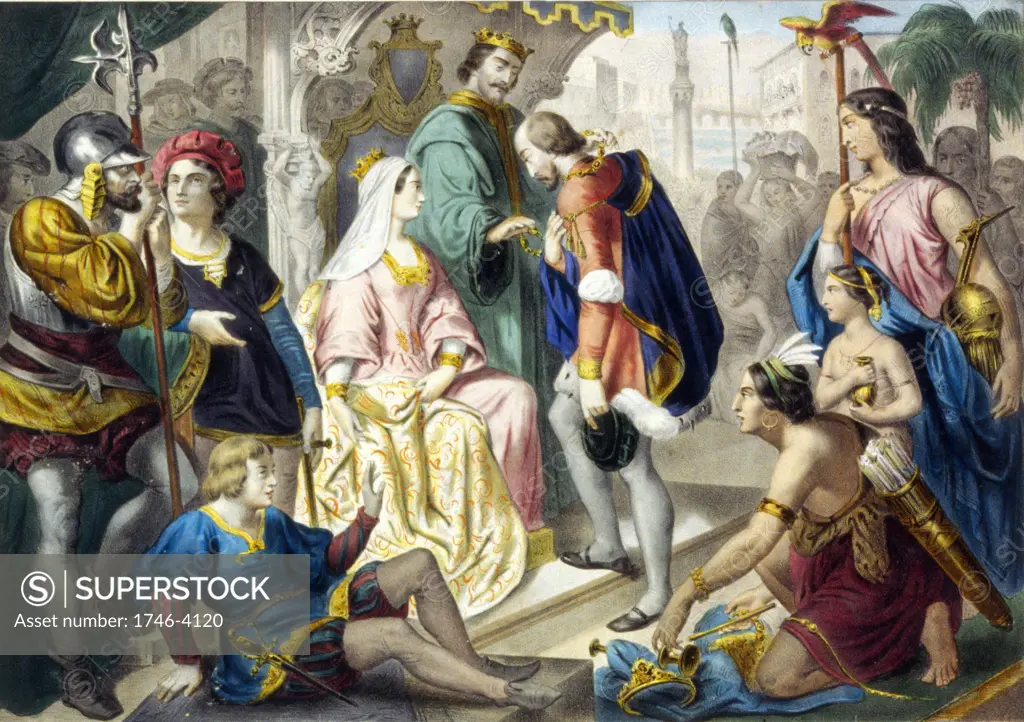 Christopher Columbus greeted by Ferdinand II of Aragon and Isabella of Castile on his return from his first voyage to the New World, February 1493. With him are Native Americans and treasures of the New World.  Print c1860.