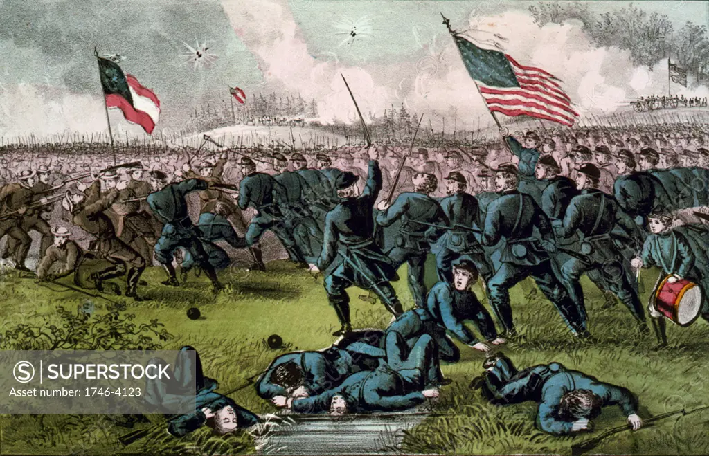 American Civil War 1861-1865:  Second Battle of Corinth, Mississippi, 3-4 October 1862. Confrontation of Union and Confederate infantry, bayonets drawn. Union victory. Drummer-boy, right, casualties, foreground. Currier & Ives.