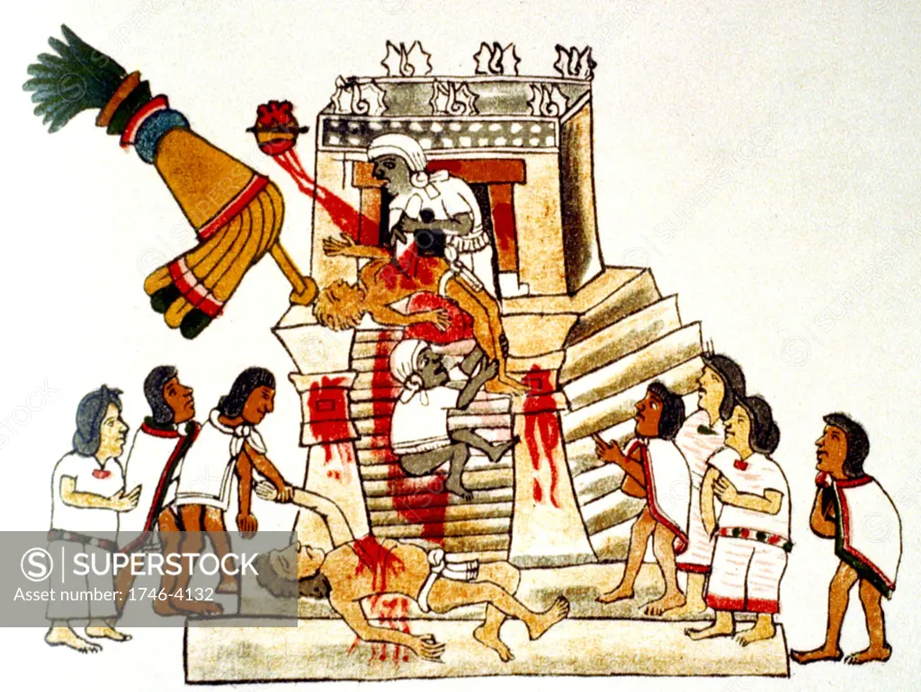 Priest offering the heart taken from a living human victim to the Aztec sun god and god of war, Huitzilopochtli. Print of facsimile from Aztec Codex, published 1904. Human Sacrifice