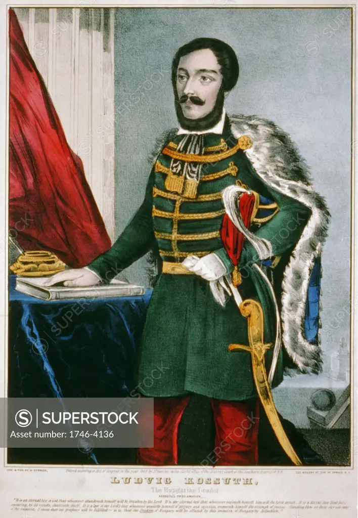 Lajos Kossuth (1802-1894), Hungarian hero. Lawyer, journalist and freedom fighter. Currier & Ives hand-coloured print New York c1849.