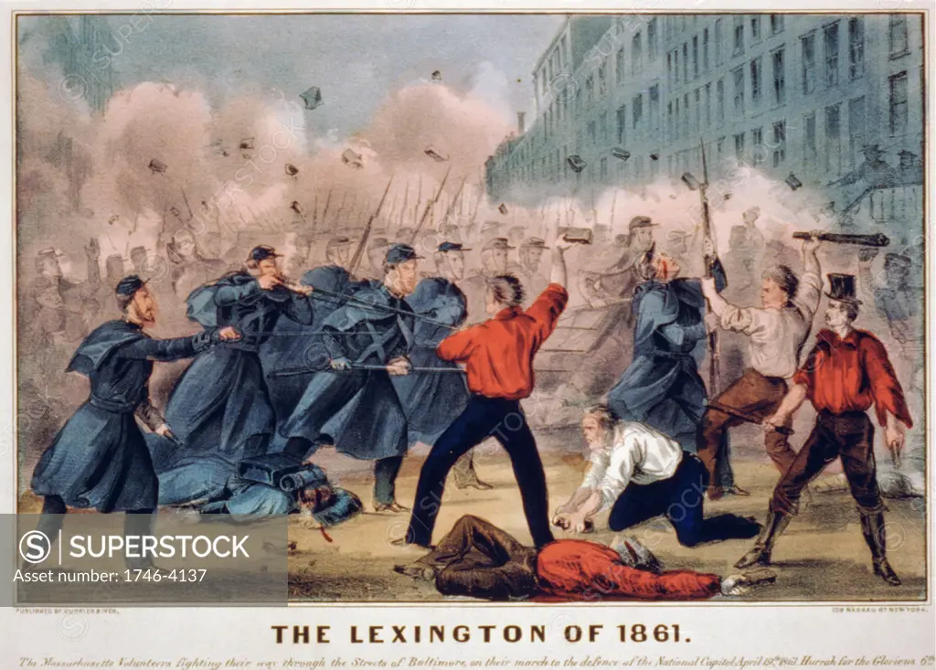American Civil War 1861-1865.  First Battle of Lexington also called Battle of the Hemp Bales, 13-10 September 1861, Missouri. Currier & Ives hand-coloured print c1861.