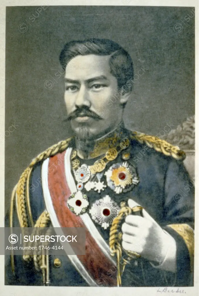 Mutsuhito, Emperor Meiji (1852-1912) 122nd Emperor of Japan from 1867. During his reign Japan  underwent great political, social and industrial changes and became a world power. Head and shoulders portrait in military uniform.
