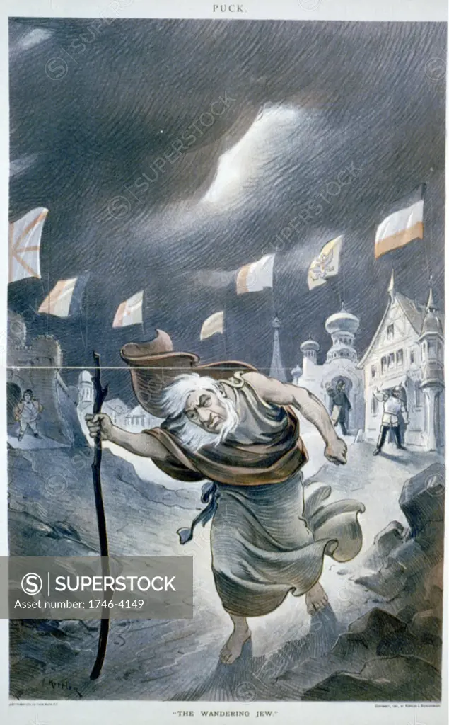The Wandering Jew', c1901. Old, barefoot, bearded Jewish man in a storm, being rejected from  buildings flying flags of different nations. Anti-Semitism
