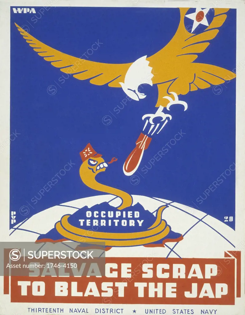 World War II 1939-1945: Anti-Japanese poster sponsored by the Thirteenth Naval District of the USA Navy exhorting people to salvage the scrap and enable the American eagle to bomb the Japanese snake.