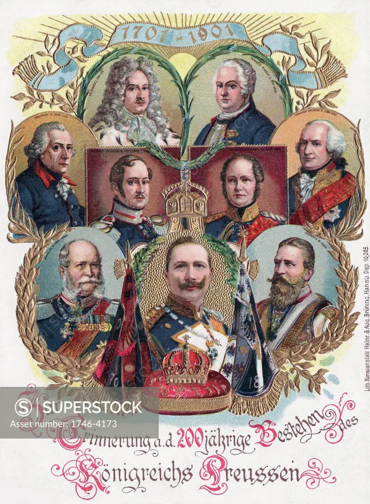 Postcard to commemorate the 200 anniversary of the Kingdom of Prussia 1902. Shows Frederick I, Frederick Wilhelm I, Frederick Wilhelm II, Frederick The Great, Kaiser Wilhelm II, Frederick III, Wilhelm I, Frederick William IV and Frederick William III