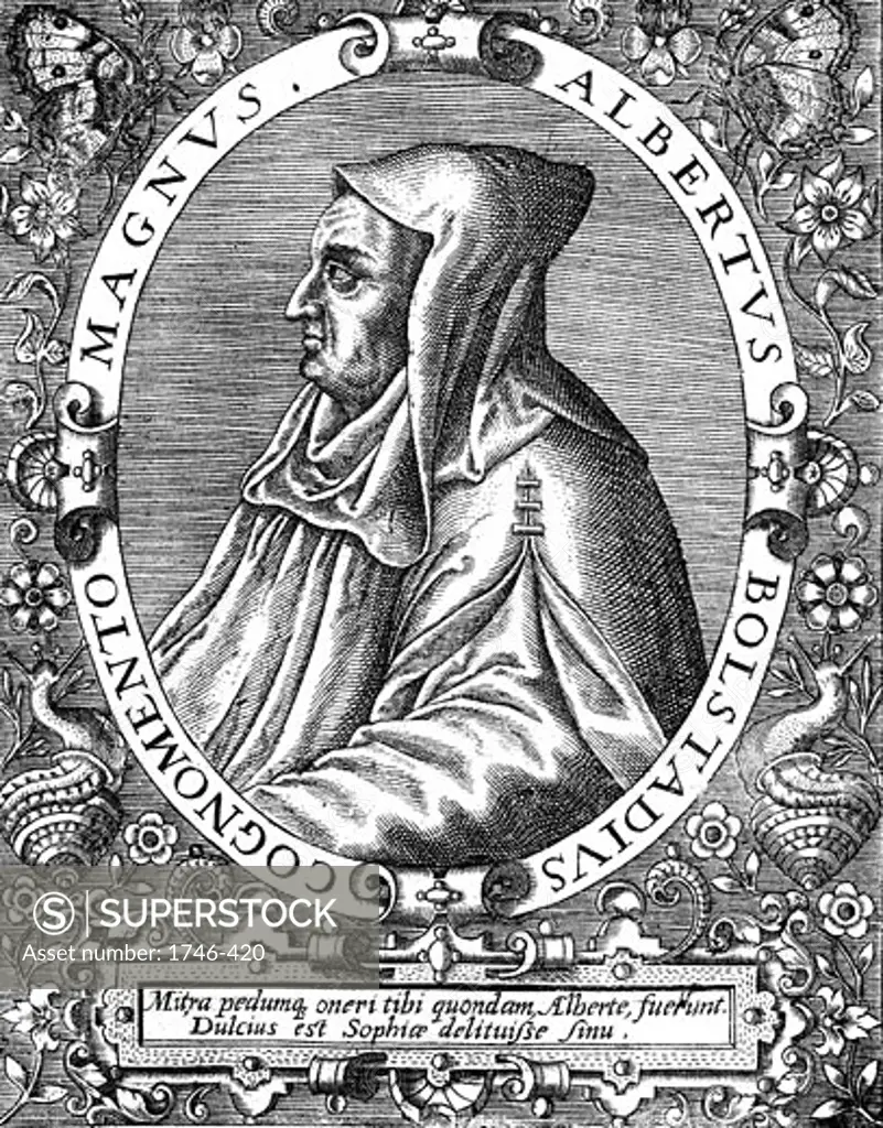 Albertus Magnus (c1200-1280) Italian Dominican friar called 'Doctor Universalis'. Bishop of Ratisbon, 1260. Melded theology and Aristotelianism. From engraving by Th. De Bry (1528-98)