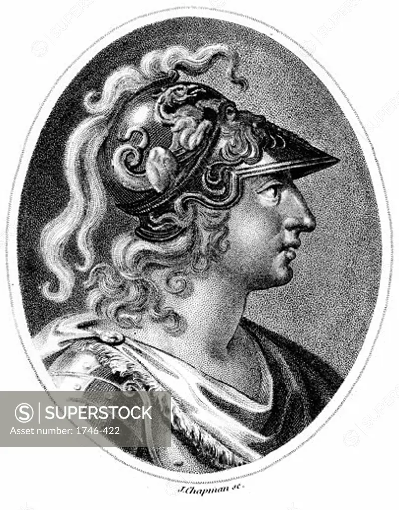 Alexander the Great (Alexander III of Macedon) 356-323 BC. Romanticised portrayal of Alexander in plumed helmet. Stipple engraving London c1800