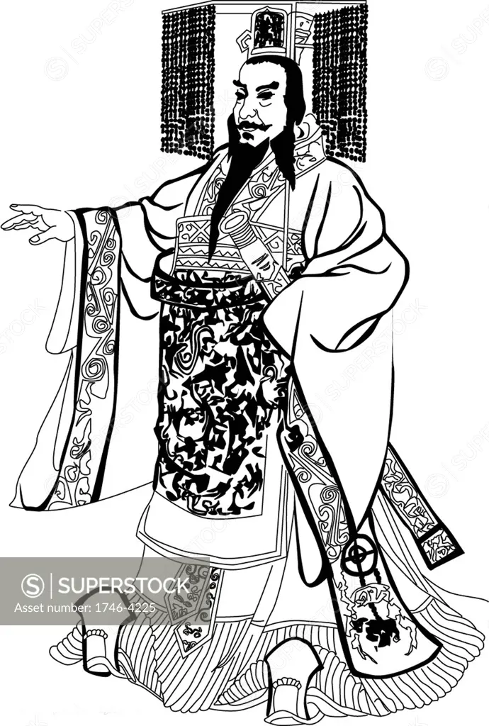 Qin Shi Huangdi (259 BC   210 BC), king of the Chinese State of Qin from 246 BC to 221 BC during the Warring States Period.  Emperor of China 221 to 210 BC.  He undertook projects, including the first version of the Great Wall of China and a massive national road system.