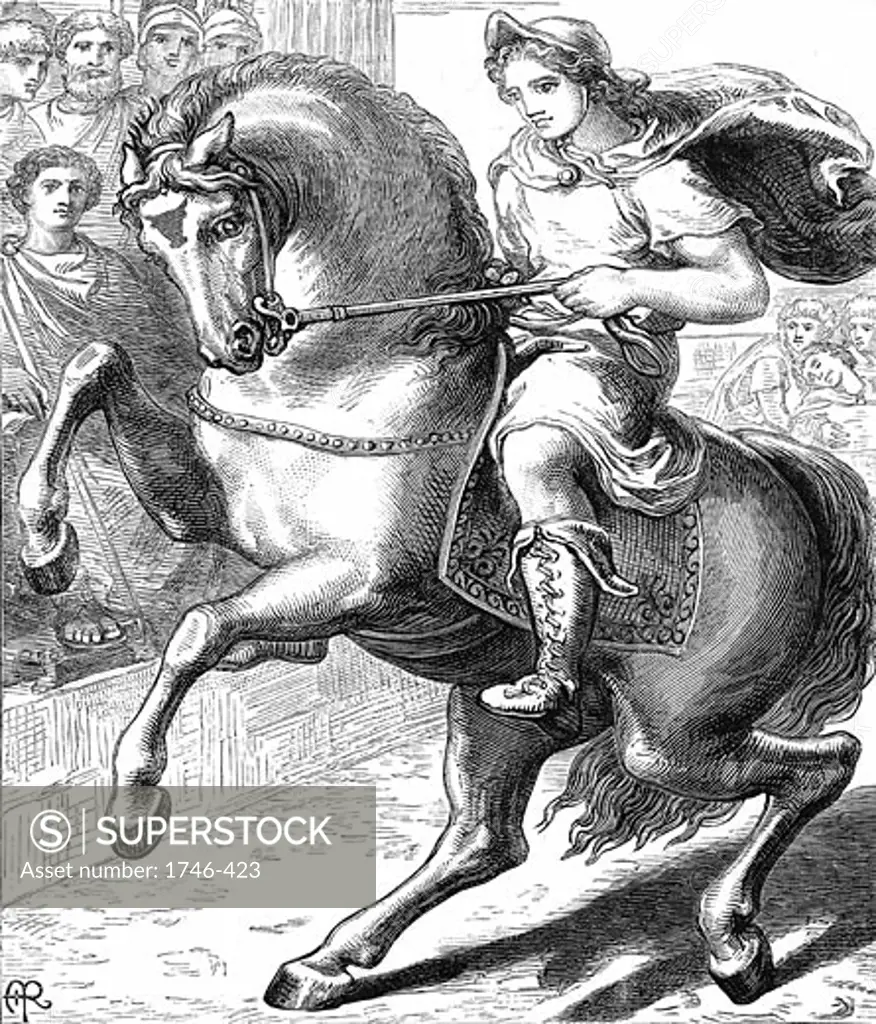 Alexander the Great (Alexander III of Macedon) 356-323 BC riding Bucephelus his favourite horse. Woodcut c1873