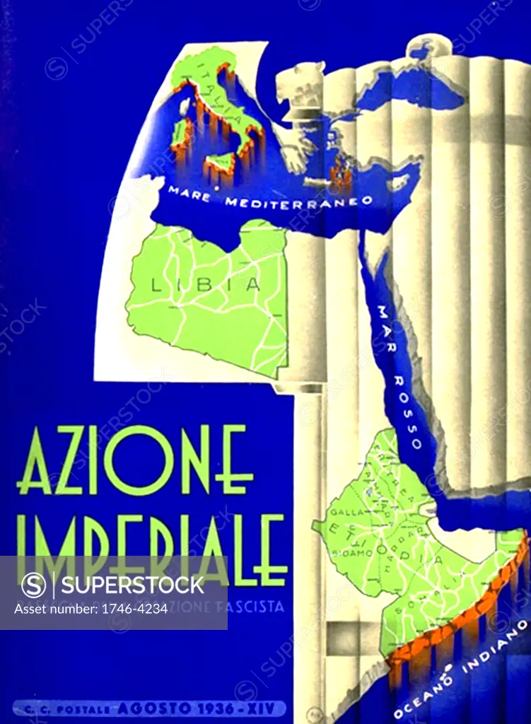 Italian Fascist Party Magazine. 'Azione Imperiale'.  1936. Magazine advancing culture directed by the Futurist writer F. T. Marinetti. The cover shows Italy's Empire in Libya, Somalia and Ethiopia.