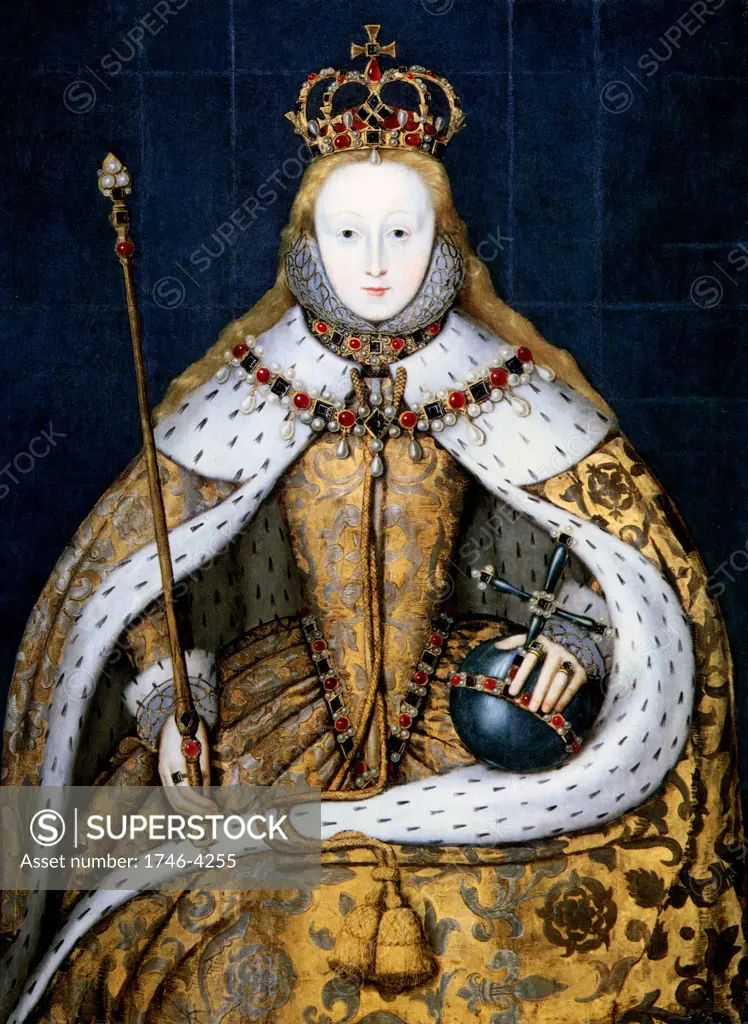 Elizabeth I in coronation robes. Elizabeth I (1533-1603) queen of England from 1558. Daughter of Henry VIII and Anne Boleyn, she was the last Tudor