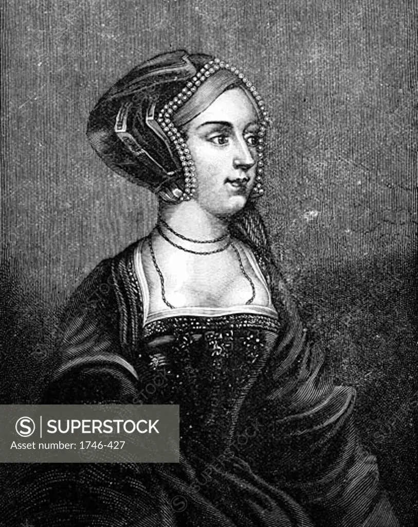 Anne Boleyn (c1504-1536) second wife of Henry VIII of England: mother of Elizabeth I: found guilty of high treason on grounds of adultery: charges almost certainly fabricated. 19th century engraving after Holbein 