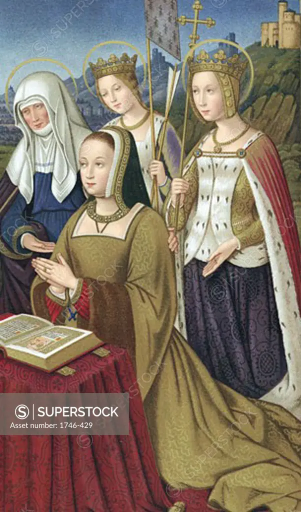 Anne of Brittany (1476-1514), Duchess of Brittany and Queen of France. , Coloured lithograph of miniature from Heures d'Anne de Bretagne showing her at prayer supported by her patron saints, Anne mother of the Virgin & Ursula with banner