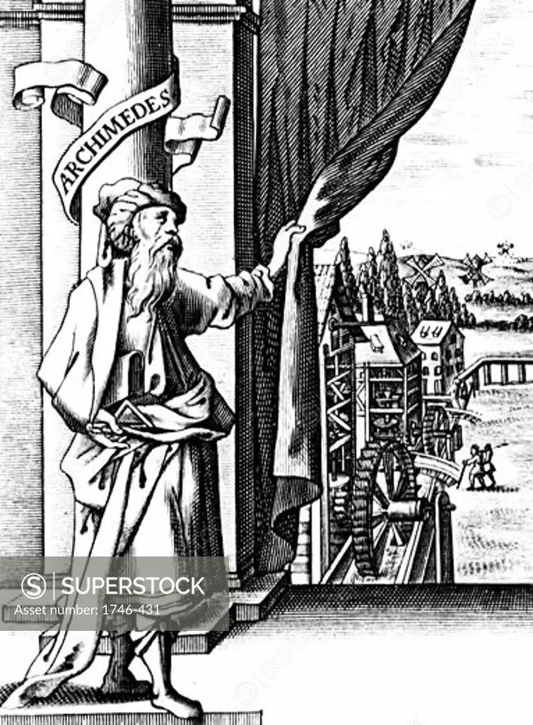 Archimedes (c287-212 BC) Ancient Greek mathematician and inventor. Archimedes drawing back curtain to reveal various mechanical devices such as waterwheels and windmills and the machinery inside them.