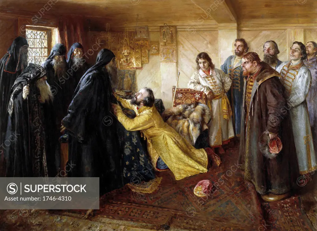 Ivan the Terrible begs to become a Monk by Klavdy Lebedev.(1852-1916)  Ivan IV 'the Terrible' (1530   1584) Tsar of Russia 1533 - 1584
