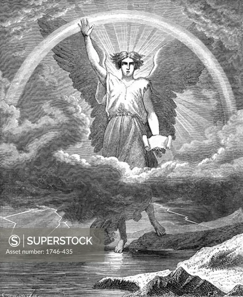 The Angel with the Book. "Bible" Revelation 10:1-6. Wood engraving c1860