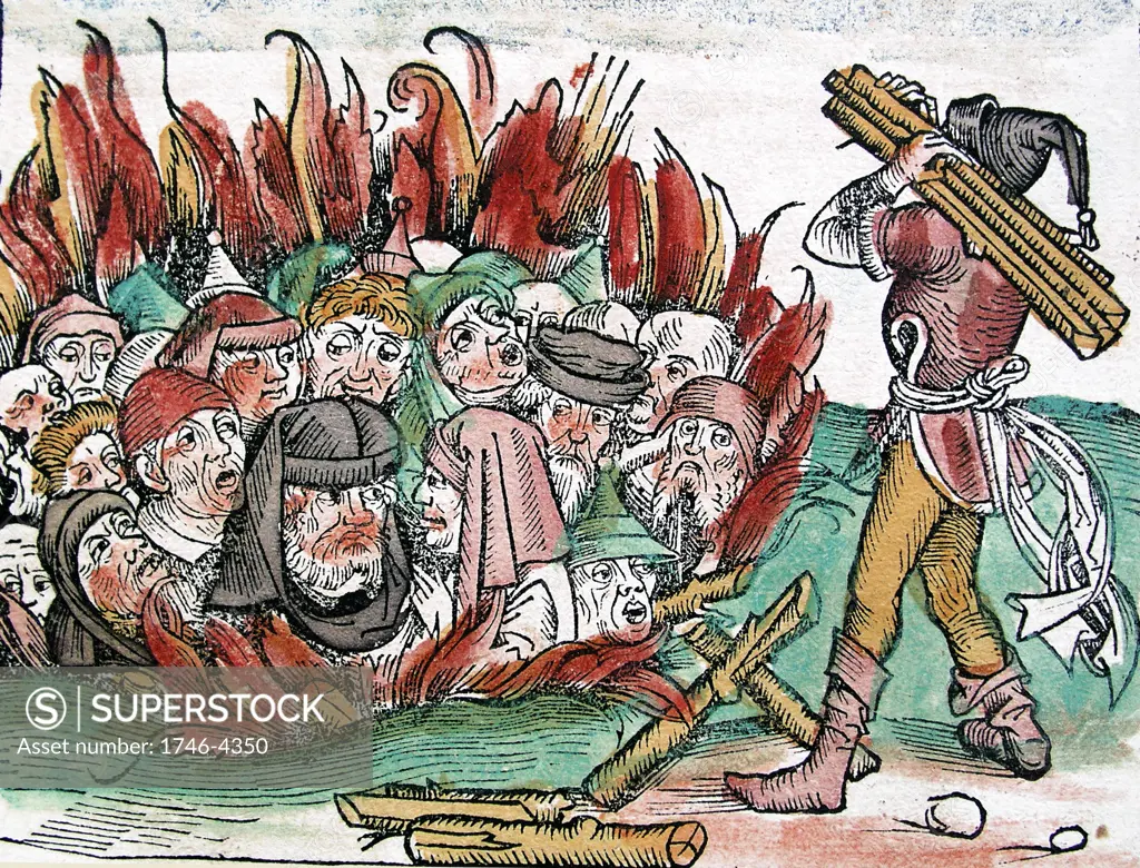 The burning of Jews in Germany shown in a coloured woodblock illustration from Liber Chronicarum (The Nuremberg Chronicle) By Hartmann Schedel(1493)
