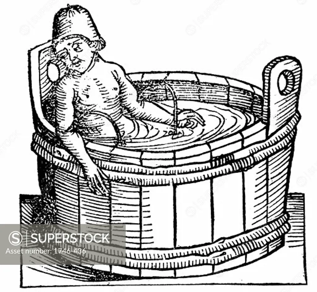 Lucius Annaeus Seneca (The Younger) c5 BC-65 AD. Roman Stoic philosopher, committing suicide in his bath, having antagonised Nero From "Liber Chronicarum Mundi" (Nuremberg Chronicle) by Hartmann Schedel 1493, Woodcut