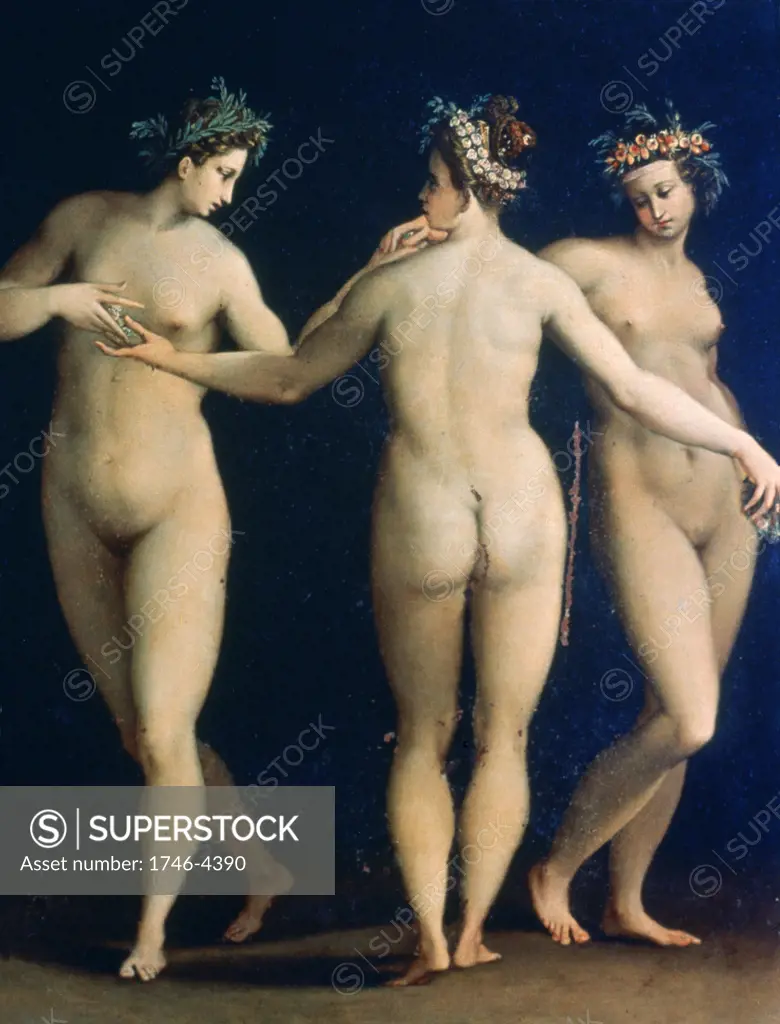 The Three Graces'. Il Poppi (1544-1597) Italian painter. In classical mythology, daughters of Jove, Euphrosyne, Aglaila and Thalia, goddesses  the embodiment of beauty and charm.  Nude Female Muse