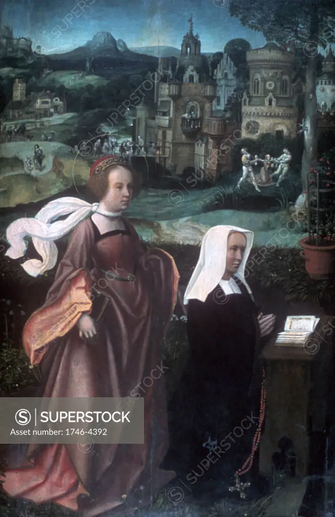Wife of Donor of St Nicholas with St Godelina', oil on wood. Door of a triptych. Jan Provost (1465-1529) Netherlandish artist. Scenes of 11th century Flemish saint's martyrdom in background. Woman Female Prayer Northern Renaissance