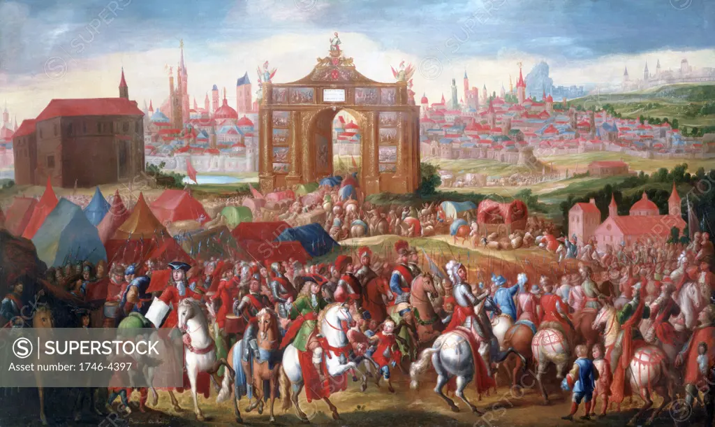 Triumphal Entry of Alessandro Farnese into Brussels', oil on canvas. Beranabe Polo (1560-1600) Spanish painter. Farnese (1545-1592) Duke of Parma, Governor of Spanish Netherlands 1578-1592. Triumphal Arch Tent Horsemen
